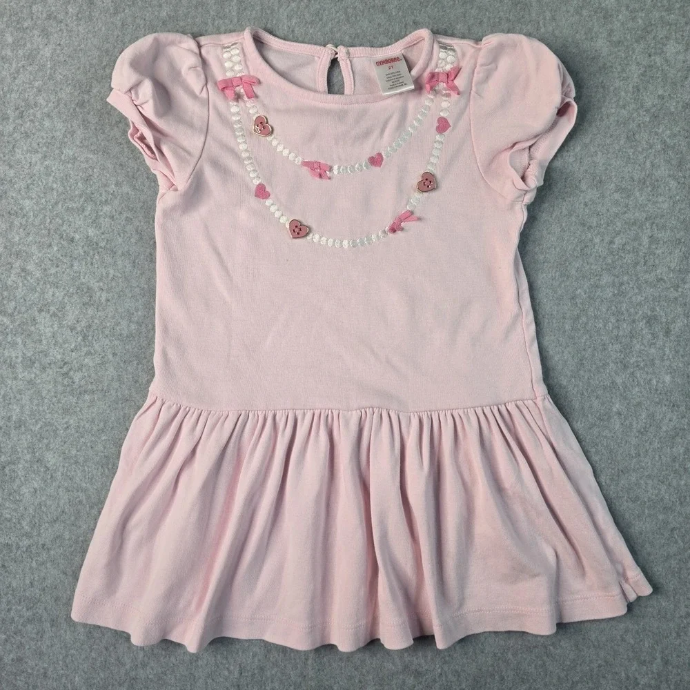 Gymboree Pink Ruffle Dress Embroidered Heart Necklace 3D Bows Girls‎ 2T Toddler